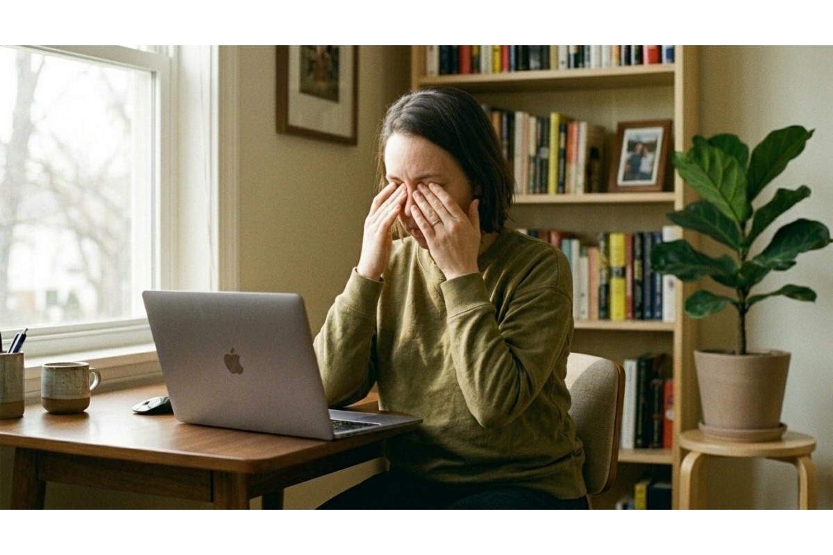 A woman sitting at a desk with a laptop, holding her hands over her closed eyes, exhibiting clear signs of fatigue or digital eye strain while working from home.