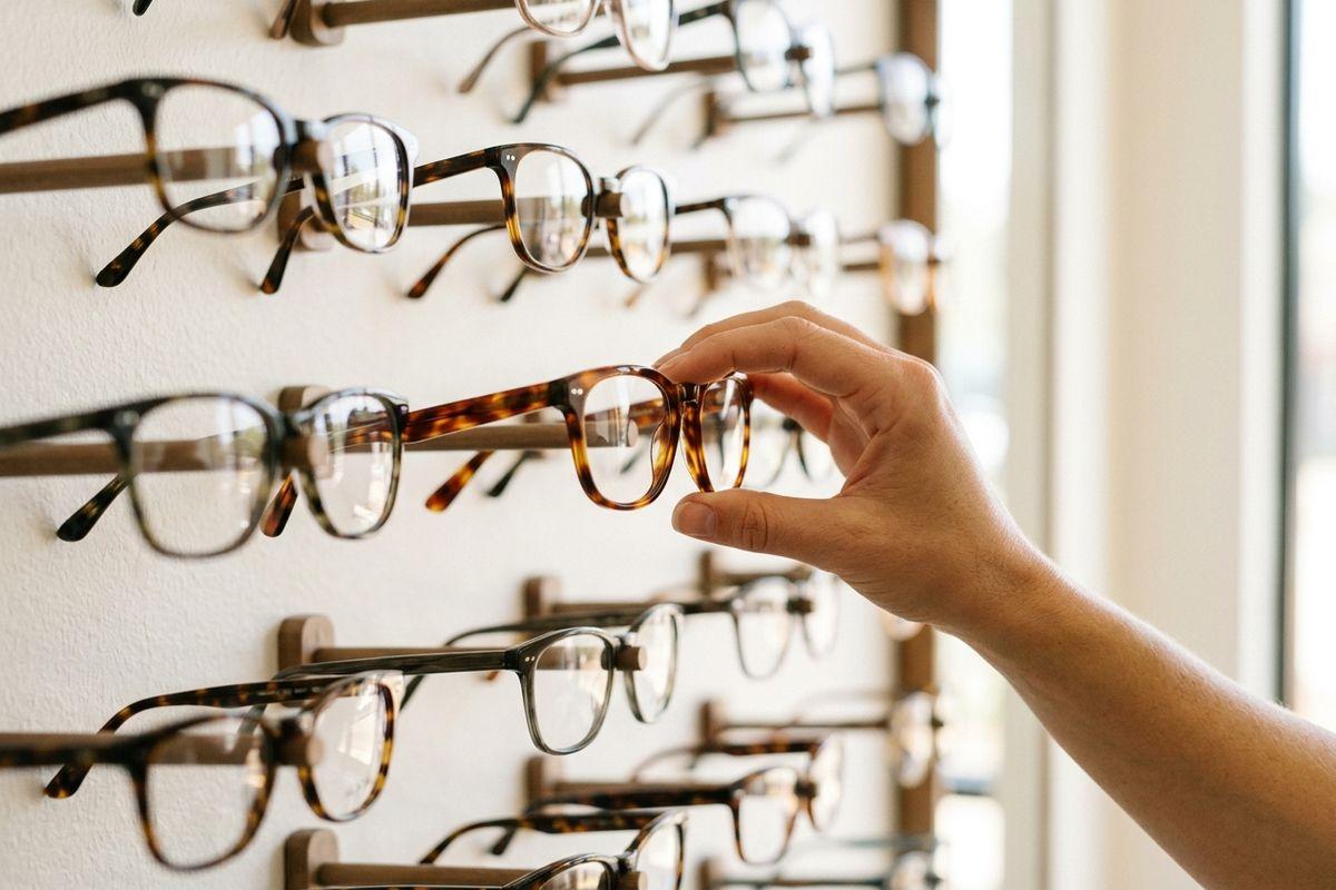 A hand picking up tortoiseshell eyeglass frames from a wall display of multiple eyeglasses in an optical shop.