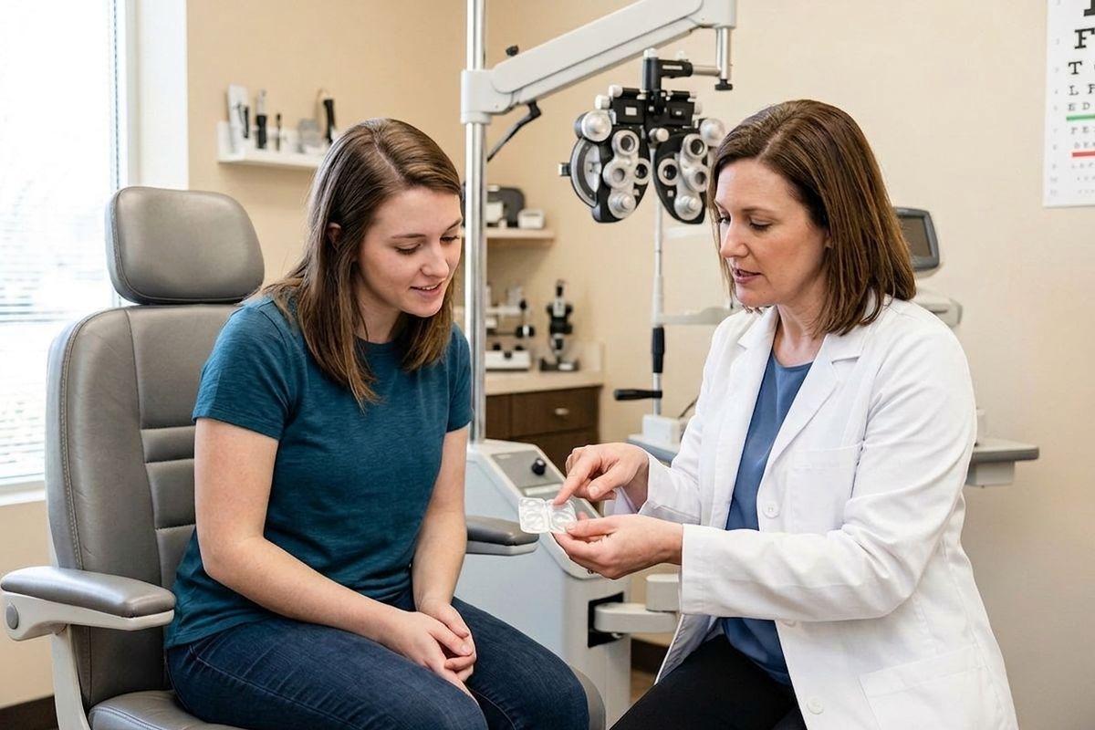 Optometrist in white coat showing contact lenses to a patient in an eye clinic with a phoropter and eye chart visible.