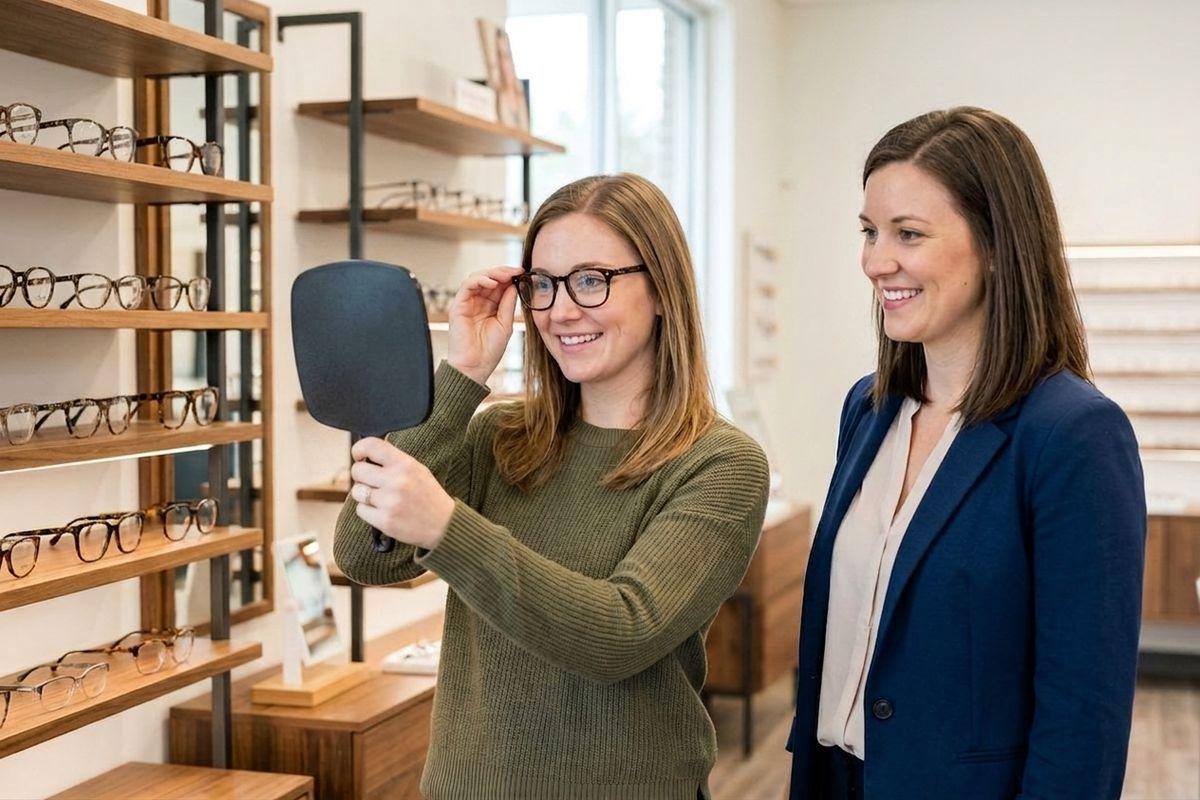 Two adults in an eyewear shop; one tries on glasses while holding a hand mirror, smiling, as the other looks on smiling beside shelves of frames.