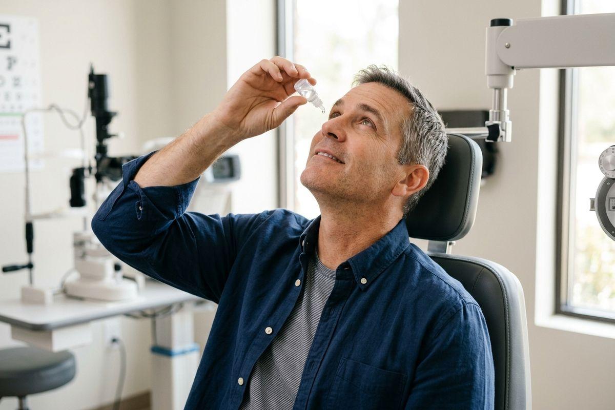 Adult seated in an eye exam chair tilting head back, applying eye drops from a small bottle in an optometrist's office.