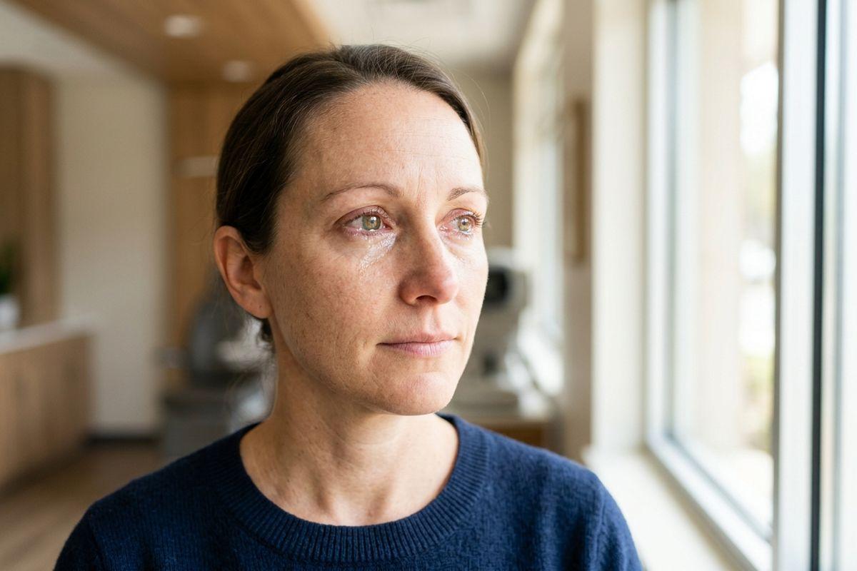 Adult with tears on their cheeks gazing out a window indoors, wearing a navy sweater, with a somber expression.