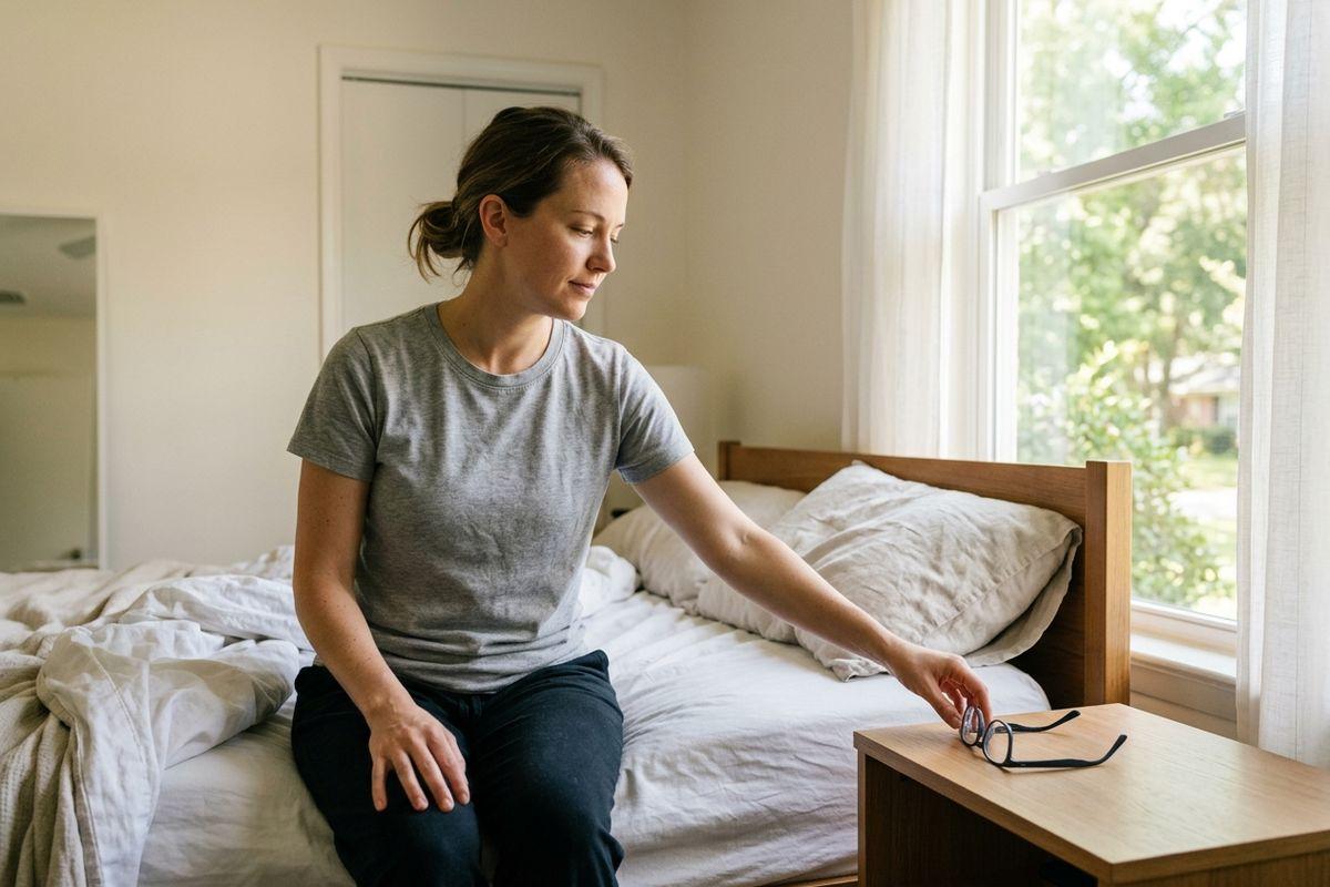 Adult sitting on an unmade bed, reaching to pick up eyeglasses from a wooden bedside table near a sunlit window.