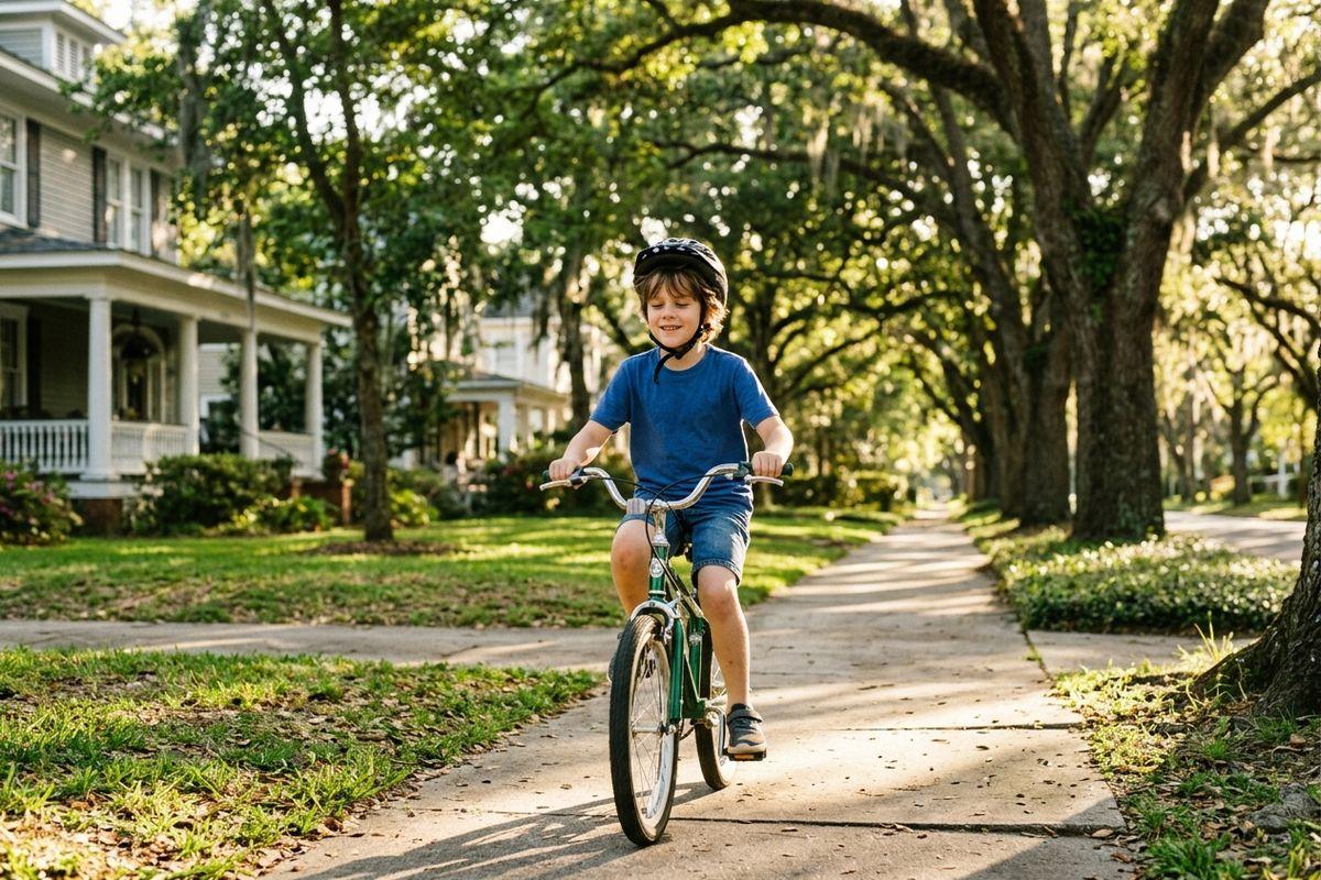 Child in a helmet and blue shirt smiling while riding a bike on a tree-lined sidewalk past houses.