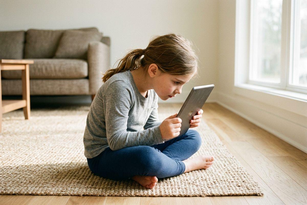 Child sits cross-legged on a woven rug in a living room, holding a tablet close to their face with a focused expression.