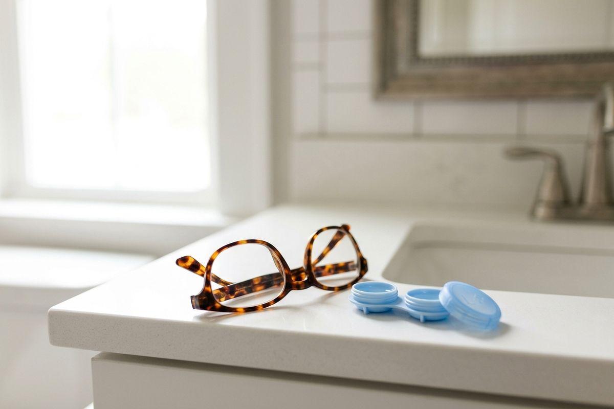 Tortoiseshell eyeglasses and an open blue contact lens case resting on a white bathroom countertop near a sink.