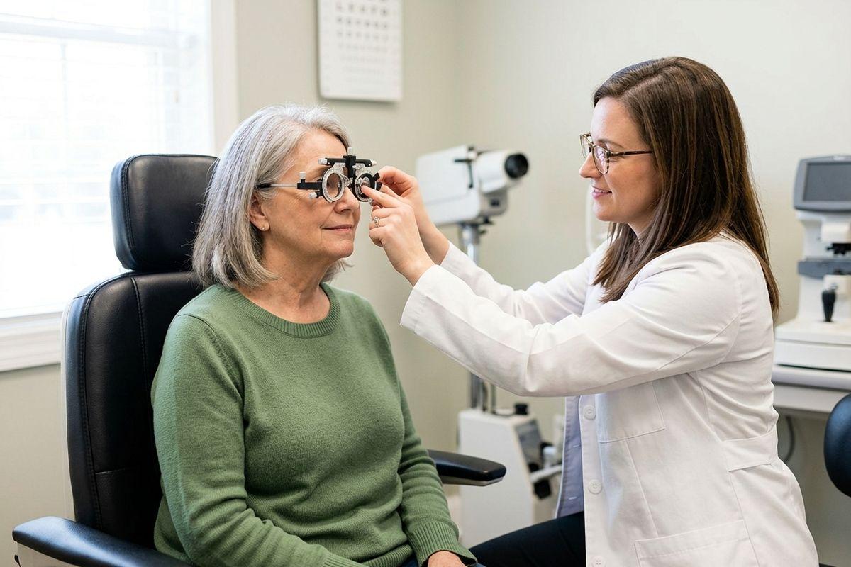 Optometrist adjusts trial lens frames on a seated older adult during an eye exam, with an eye chart on the wall behind them.