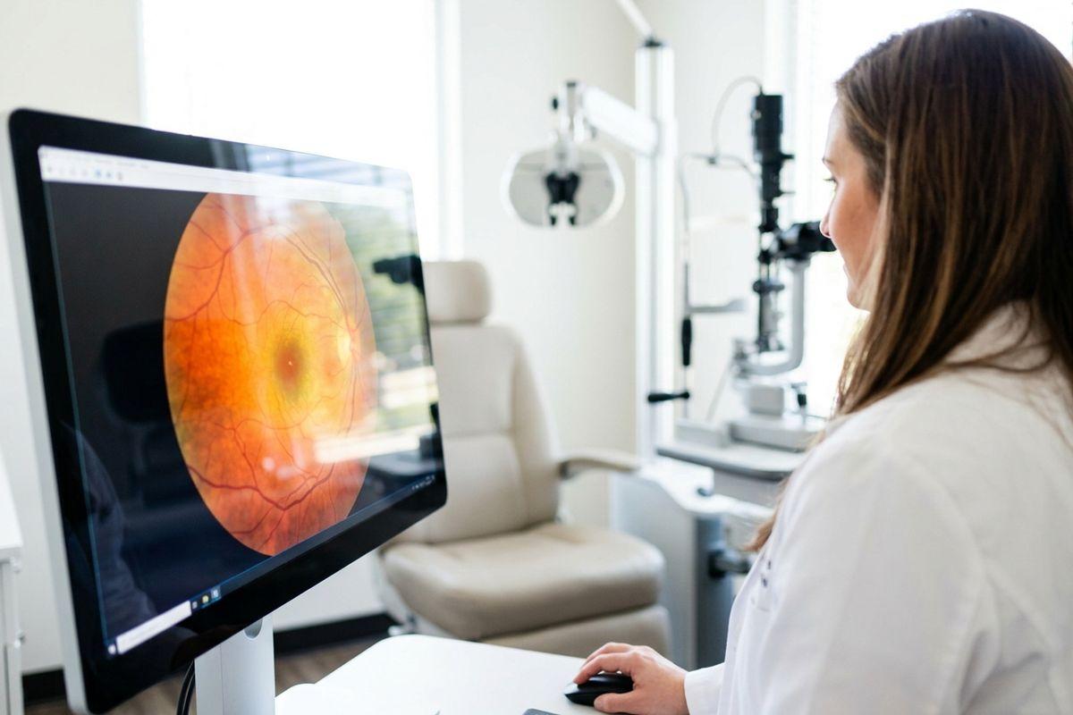 Optometrist views a retinal scan image on a computer monitor in an exam room with a slit lamp and patient chair behind.